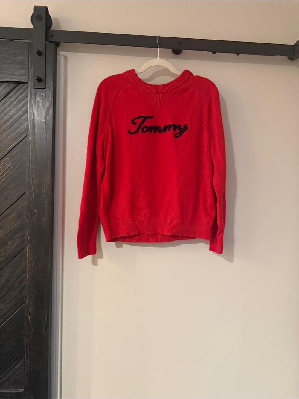 Tommy Hilfiger Red Crewneck Sweater with Navy Script